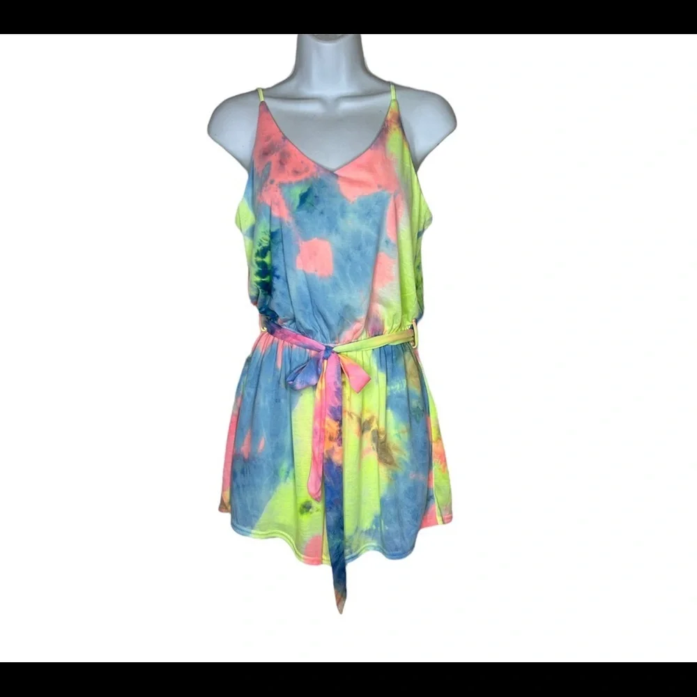 She+Sky womens size M Romper Jumpsuit shorts Boho Tie Dye sleeveless beach pink - Picture 5 of 12